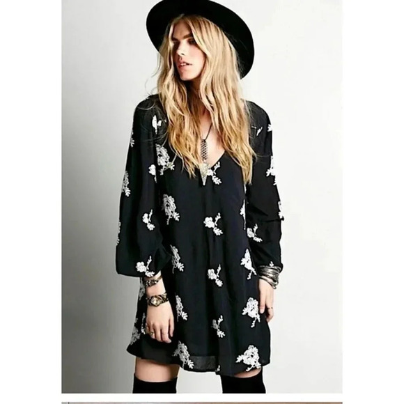 Free People Womens Emma Austin Floral Embroidered Mini Dress Black Sz Xs - Picture 15 of 15